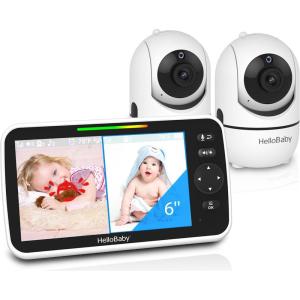 imageHelloBaby Baby Monitor 2 Cameras 6 World First IPS SplitScreen 30H Battery No WiFi 2Way Audio Video VOX Double Cameras PanTiltZoom Night Vision 8 Lullabies 1000ft for TwinsHB6550Plus2
