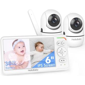 imageHelloBaby Worlds First 6quot IPS Split Screen Baby Monitor with 2 Cameras  No WiFi 30hr Battery 355 PanTilt Night Vision 1000ft Portable Travel Video Audio Monitor with Temp AlertLullabiesVOX